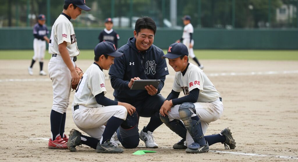 少年野球の監督が、選手たちにタブレットを見せながら楽しそうに戦術を説明している。