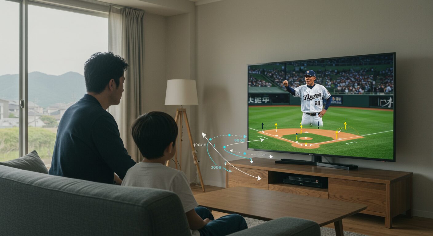 リビングのソファに座り、テレビに映るプロ野球クライマックスシリーズを真剣な表情で観戦する日本人親子。二人の間には野球の戦術図が光って浮かび上がっており、「考える野球」について対話している様子を表現している。