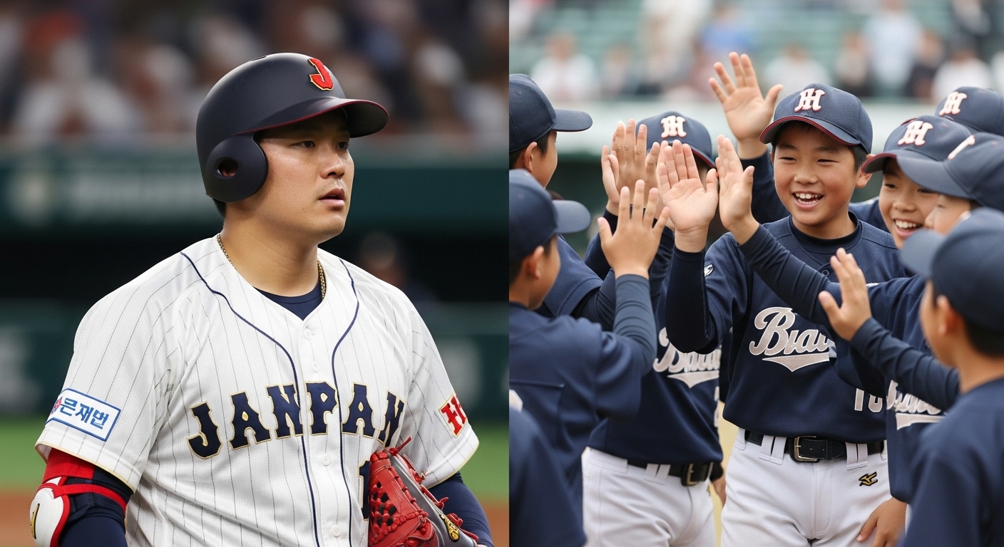 プロ野球の暗黙のルールと少年野球のスポーツマンシップの違いを対比した画像。左側には真剣な表情のプロ野球選手、右側には笑顔でハイタッチする少年野球の子供たち。