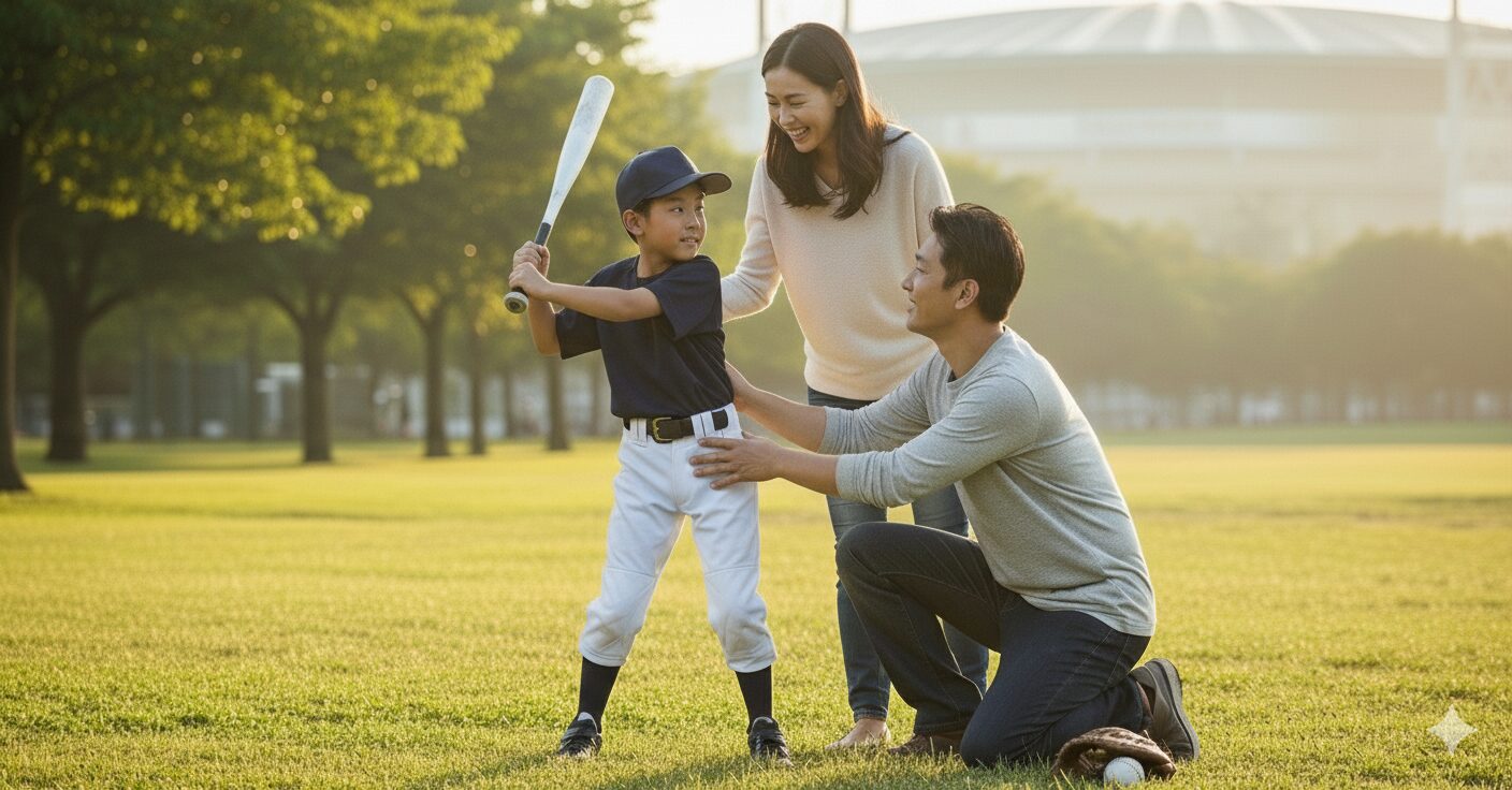 少年野球の息子と父親が公園で練習する様子。プロ野球選手になる夢を象徴している。