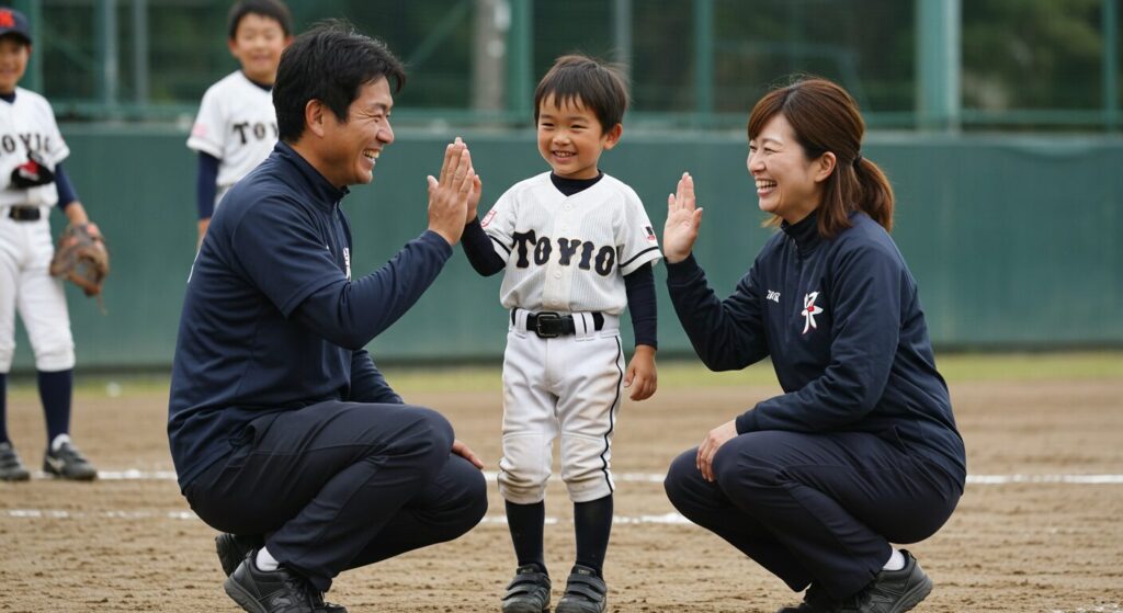 少年野球の試合後、子供を励ます両親