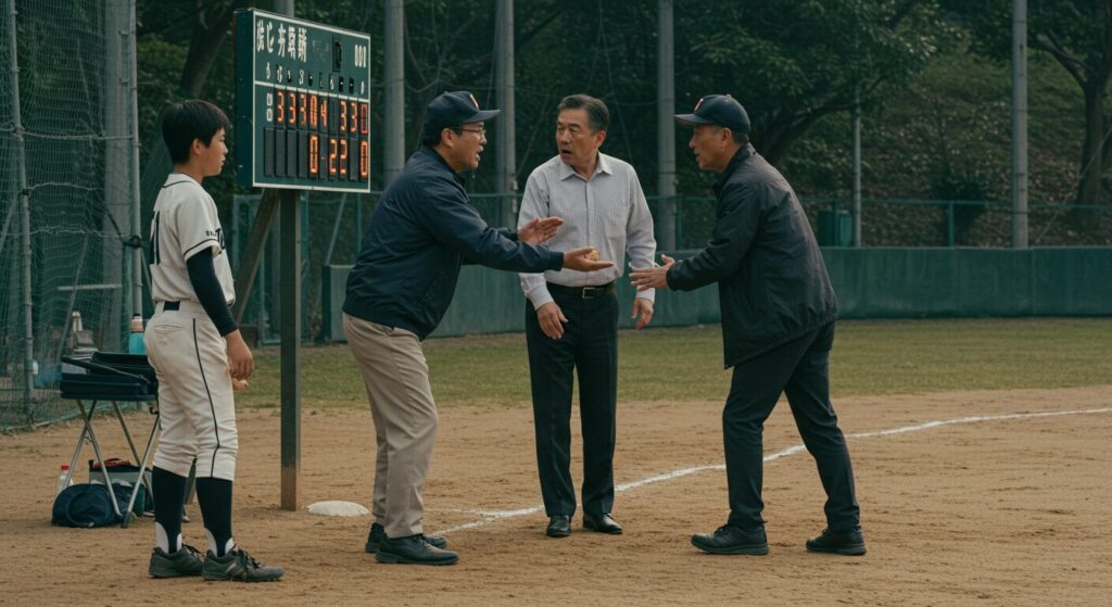 少年野球の試合中、ヒートアップして口論する親とコーチ。過度な介入が子どもの健全な競争を阻害する様子。