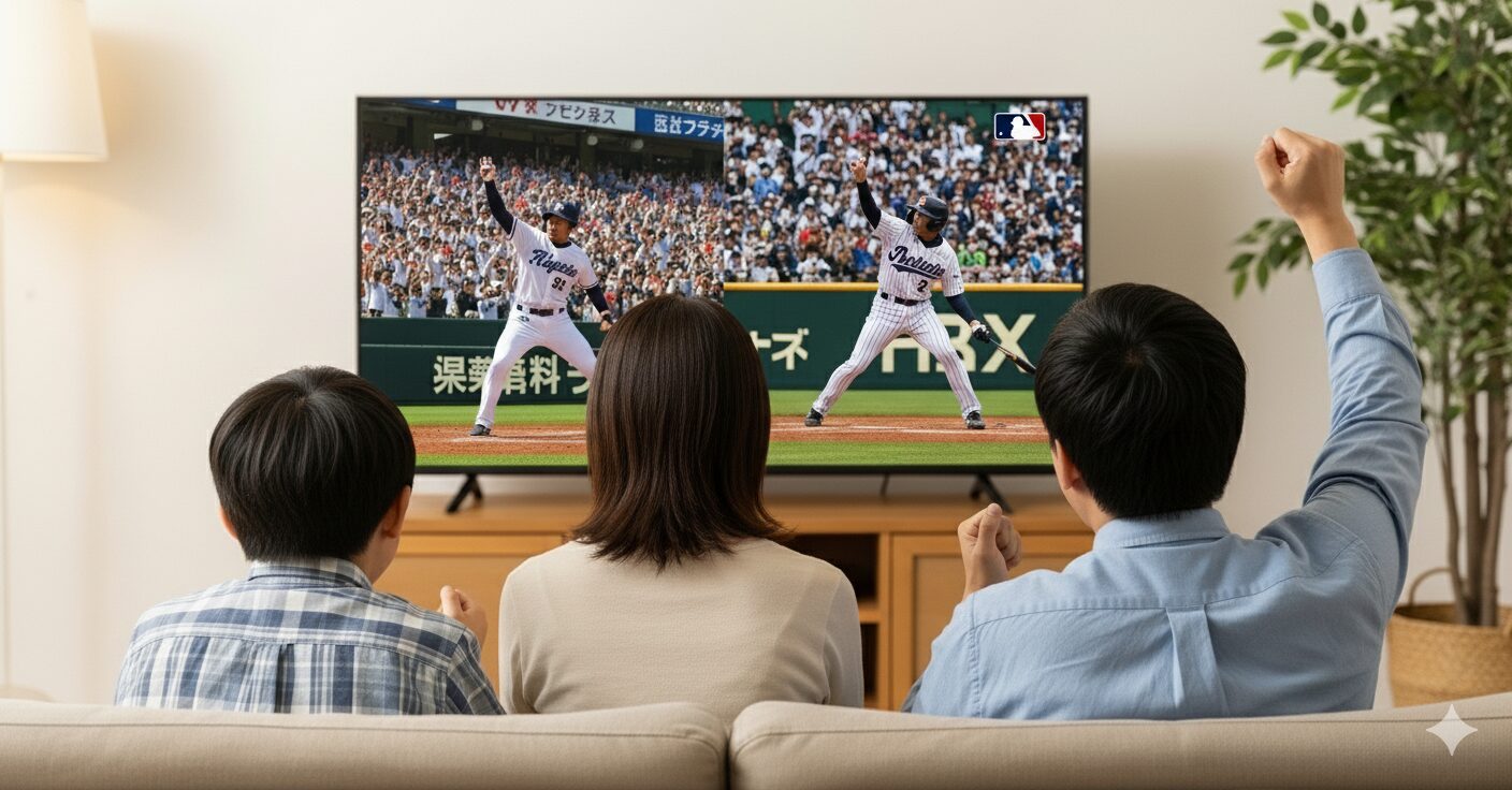 ワールドシリーズと日本シリーズをテレビで観戦する親子