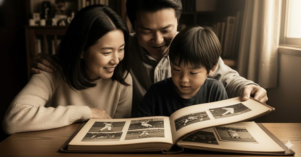 古いアルバムを見ながら野球の歴史を学ぶ親子