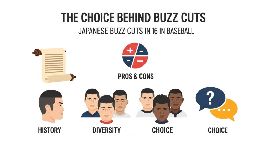 野球の丸刈り問題に関するインフォグラフィック。「歴史」「メリット・デメリット」「多様性」「選択」の4つの要素をアイコンで表現。