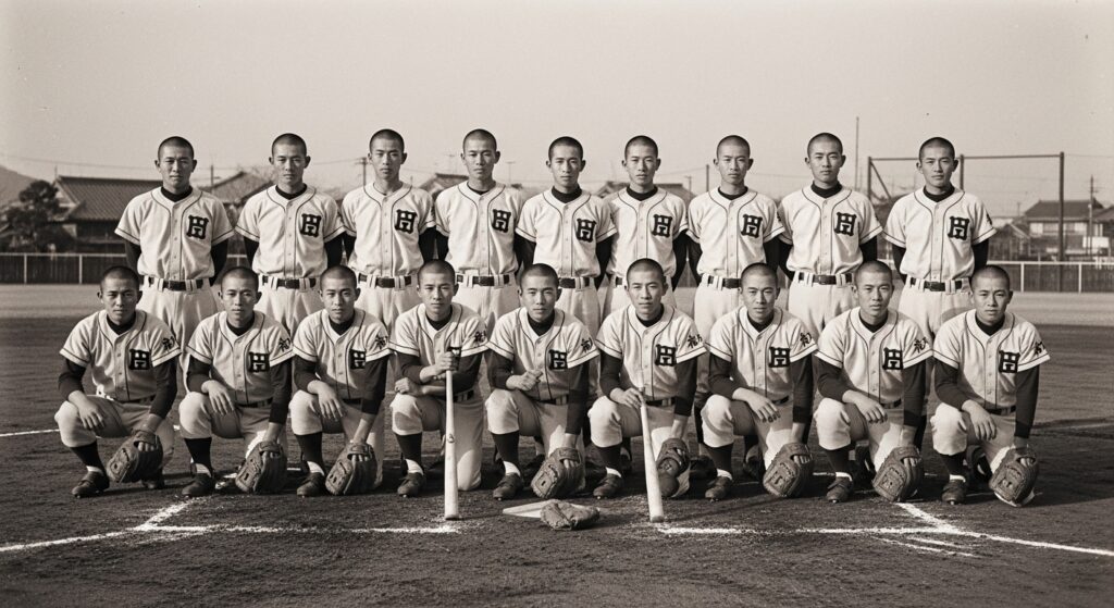 昭和時代の野球部員たちがグラウンドに整列しているセピア色の写真。丸刈りが伝統であった歴史的背景を表している。