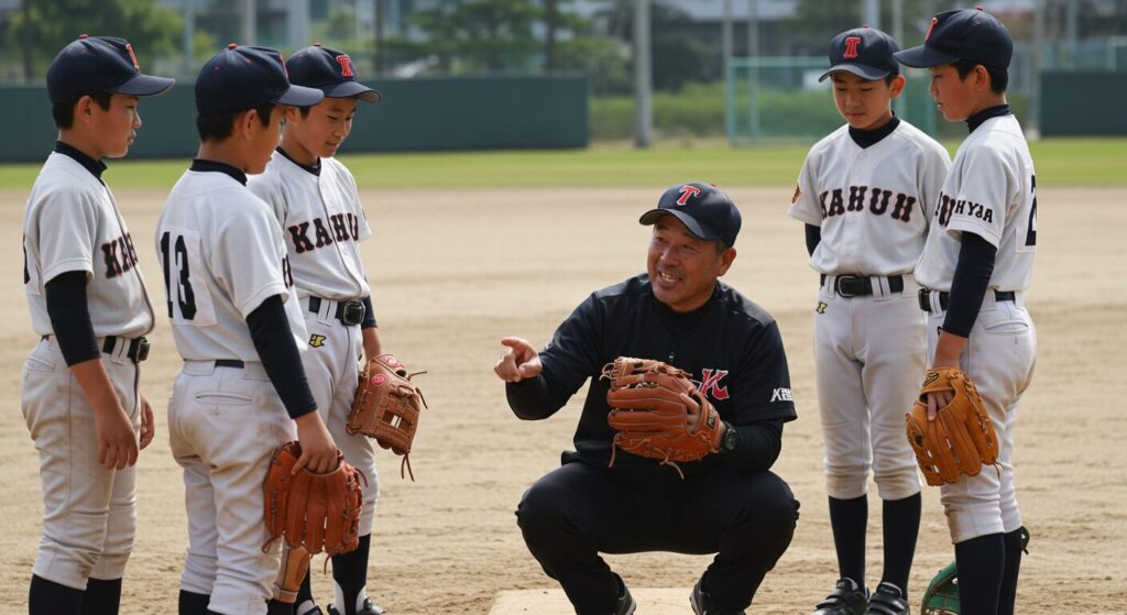少年野球のグラウンドで子どもたちに優しく指導する元プロ野球選手の日本人指導者。