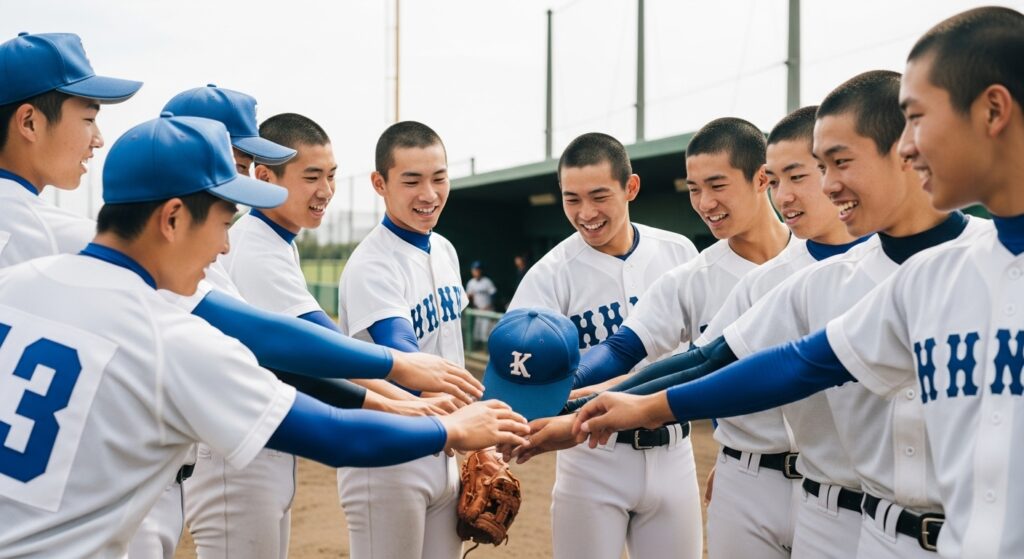 丸刈りの選手と長髪の選手が混在する現代の野球チームが、笑顔で円陣を組んでいる様子。髪型の多様性とチームの一体感を表現。