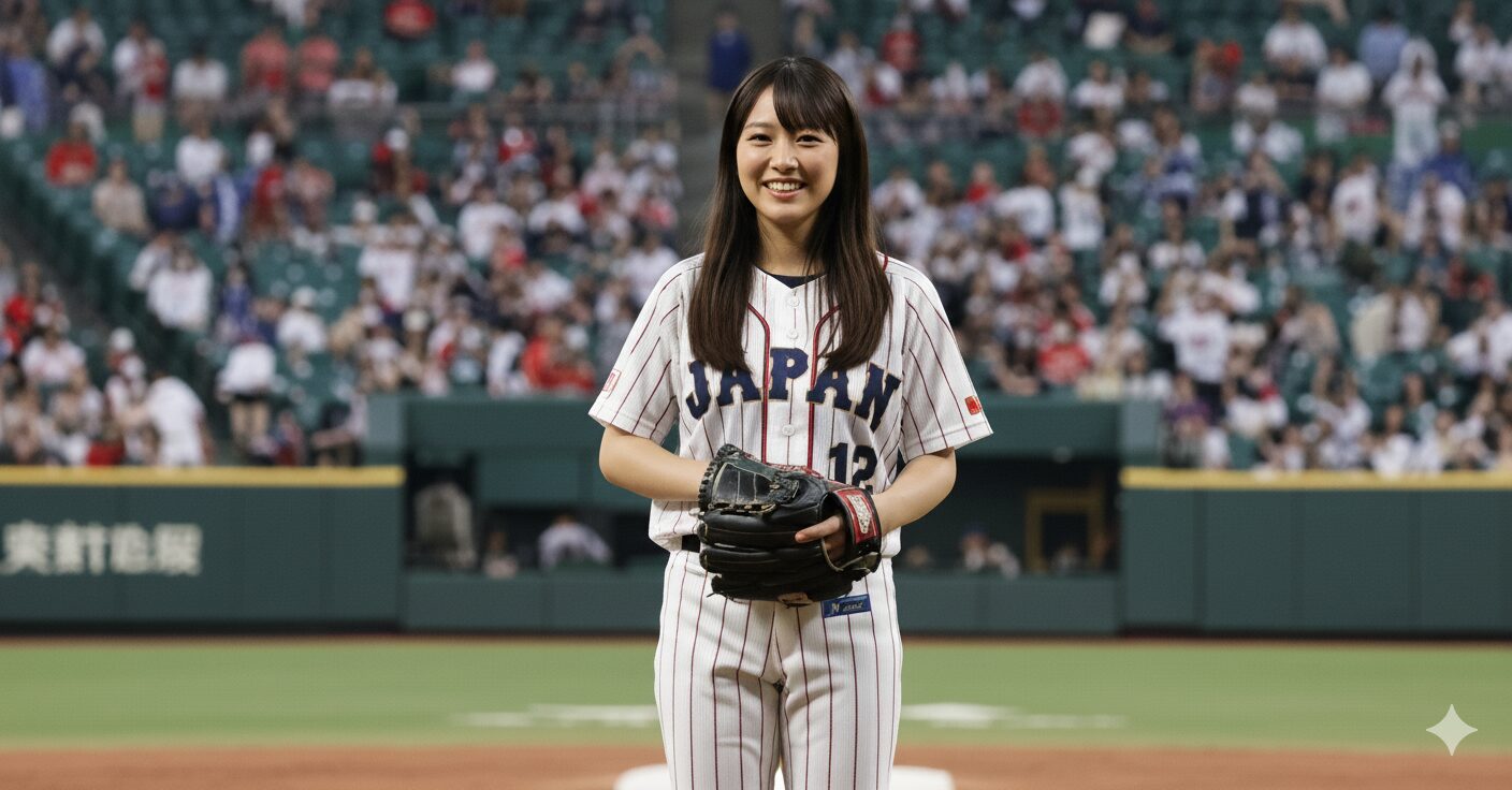 アメリカのプロ野球スタジアムのマウンドに立つ、希望に満ちた表情の日本の女子野球選手