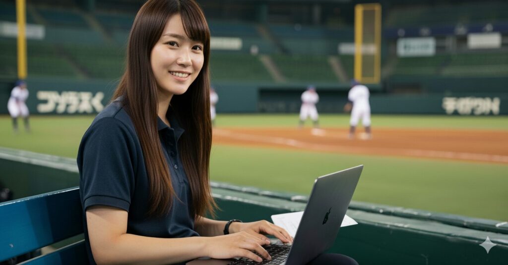 野球場のベンチでチームスタッフとしてデータ分析を行う若い日本人女性