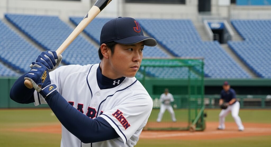 誰もいないドジャースタジアムで、集中した表情で異例の屋外フリーバッティングを行う大谷翔平選手のイメージ