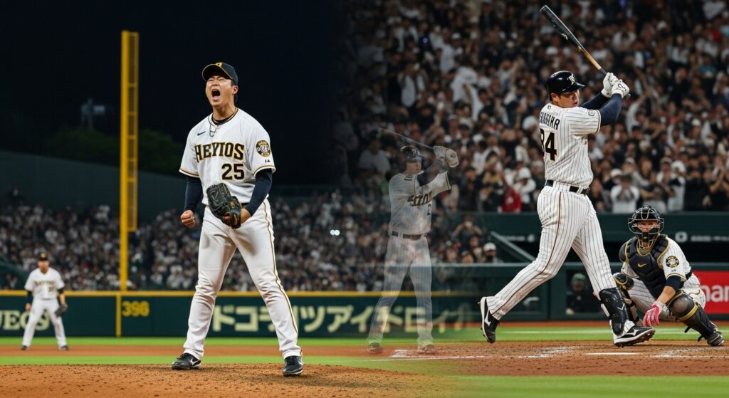 NLCS第4戦で10奪三振を奪いマウンドで雄叫びをあげる大谷翔平選手と、3本塁打を放った打席の姿が重なるイメージ画像