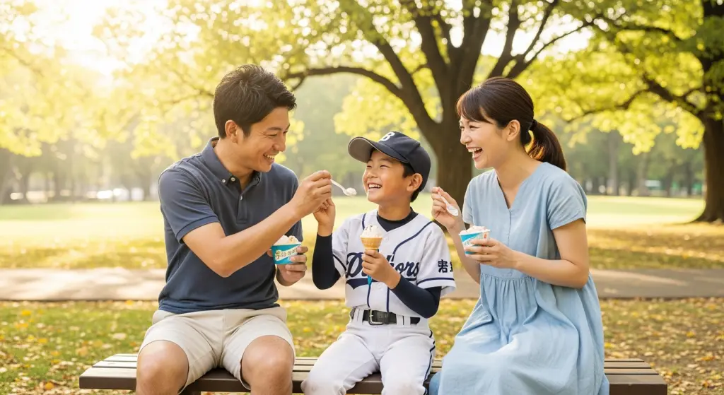 公園のベンチでアイスクリームを食べながら談笑する、野球少年のいる家族