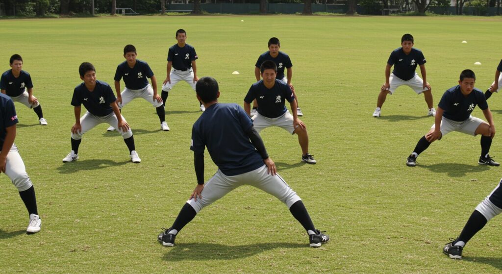 ダイナミックウォームアップを実践する少年野球チーム