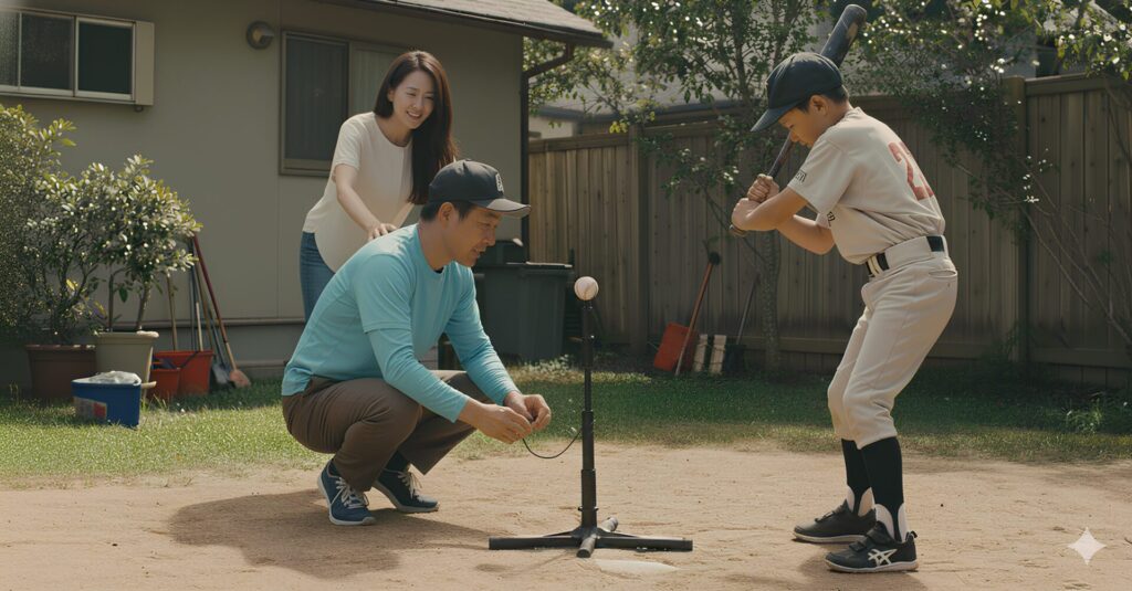 自宅の庭で、父親が見守る中、ティーバッティングの練習に励む少年野球の男の子。