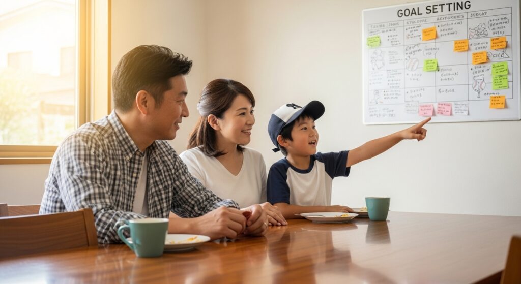 少年野球の息子の目標について家族で話し合う様子。家庭でのコミュニケーションを表現。