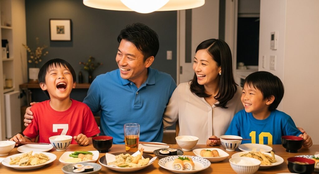 食卓で談笑する野球少年と家族