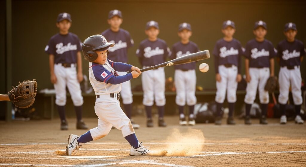 体格の大きな選手が見守る中、卓越した技術でジャストミートする小柄な少年野球選手