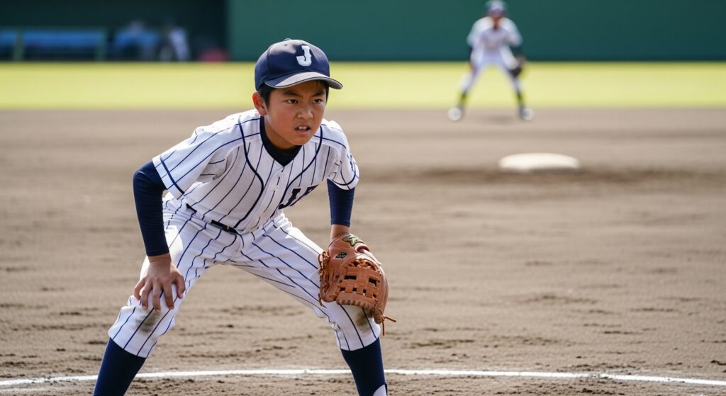 少年野球の試合中、打球が飛んでくる前から次を予測して集中している内野手の少年