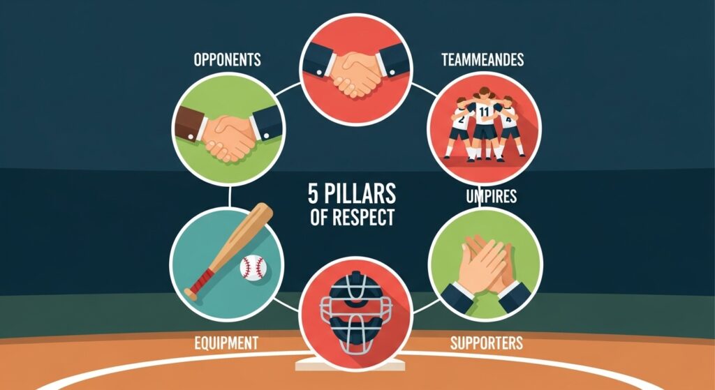 少年野球で育むべきリスペクトの5つの柱を示したインフォグラフィック。アイコンは「相手」「仲間」「審判」「道具」「支えてくれる人」を表している。