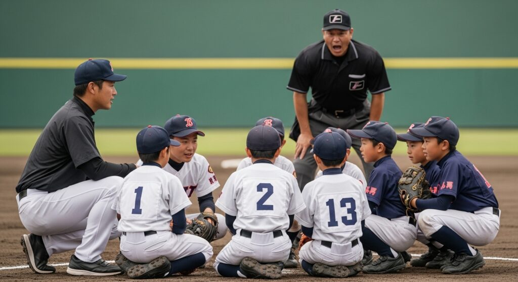 少年野球の監督が選手たちに優しく指導している場面。背景ではプロ野球の監督が審判に激しく抗議しており、指導方法の違いを示している。