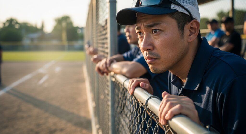 少年野球の試合をフェンス越しに険しい表情で見つめる父親