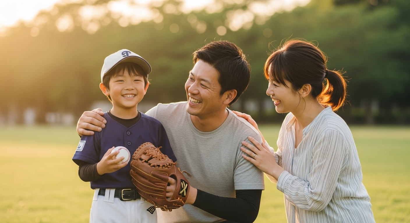 夕暮れの公園で笑顔で寄り添う少年野球の少年とその両親