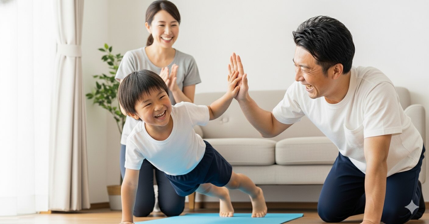 リビングで少年野球のユニフォームを着た息子と父親が笑顔で体幹トレーニングをしている様子