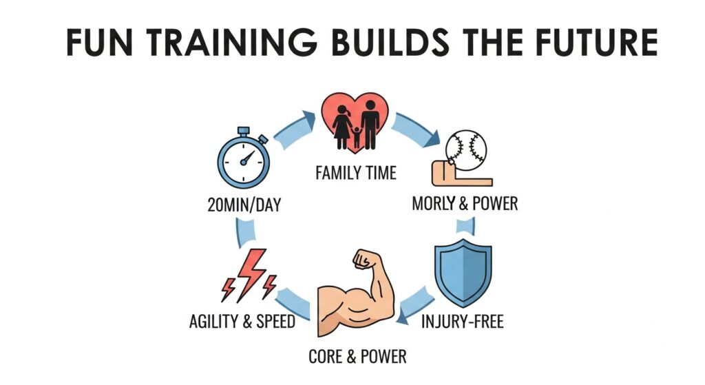 少年野球の楽しい基礎体力トレーニングがもたらす5つのメリット（時間、親子関係、体幹、瞬発力、怪我予防）をまとめたインフォグラフィック