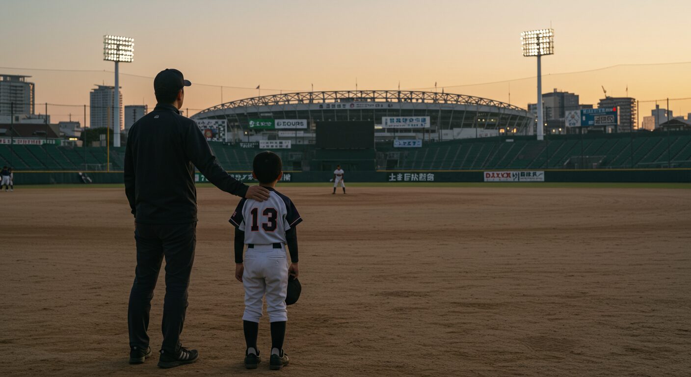 野球少年である息子に対し、技術指導ではなく、目線を合わせて笑顔で励ます父親。