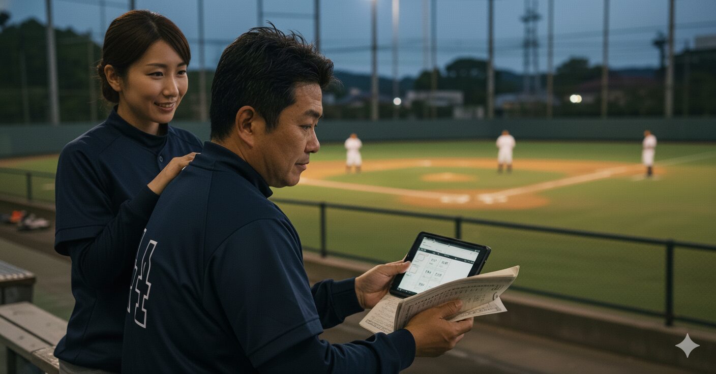 少年野球の監督が、古いスコアブックと最新データが表示されたタブレットを前に考え込んでいる。