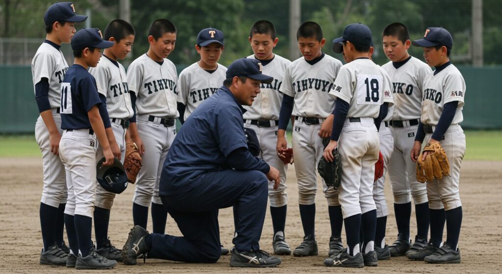 少年野球のグラウンドで、選手たちに囲まれて膝をつき、目線を合わせて指導する監督。選手たちは真剣な眼差しで監督の言葉に耳を傾けている。