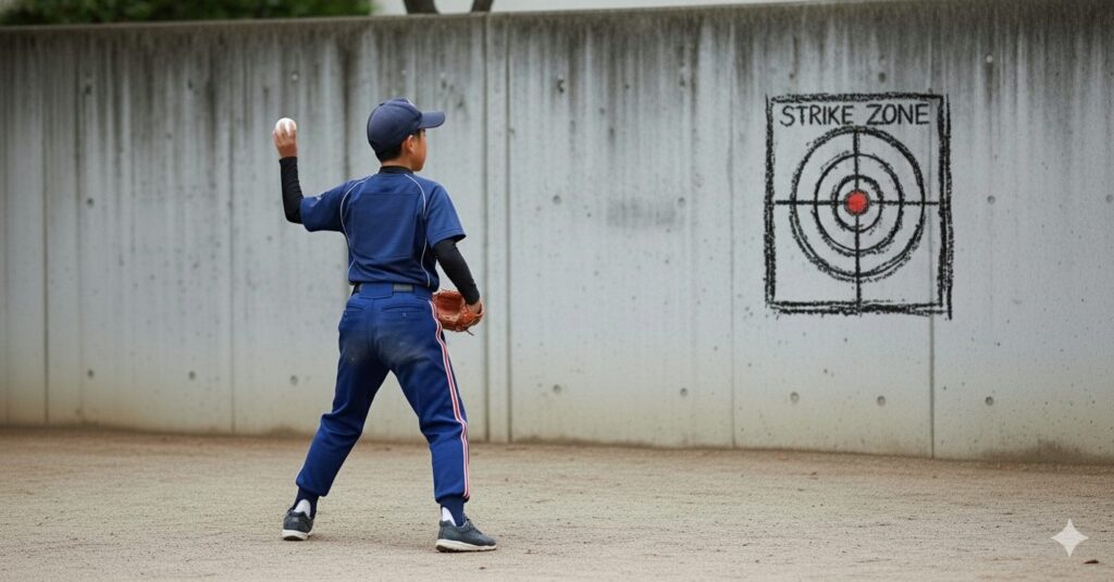 壁当てでコントロールを磨く少年野球の子供