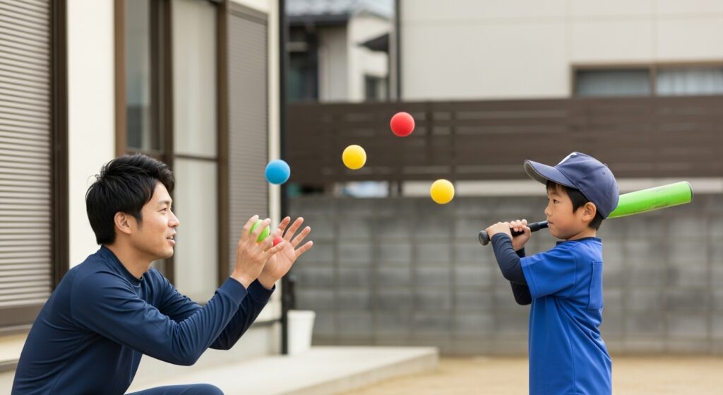 野球未経験の父親が、少年時代の岡本和真選手を象徴する息子と自宅の庭で練習している様子。