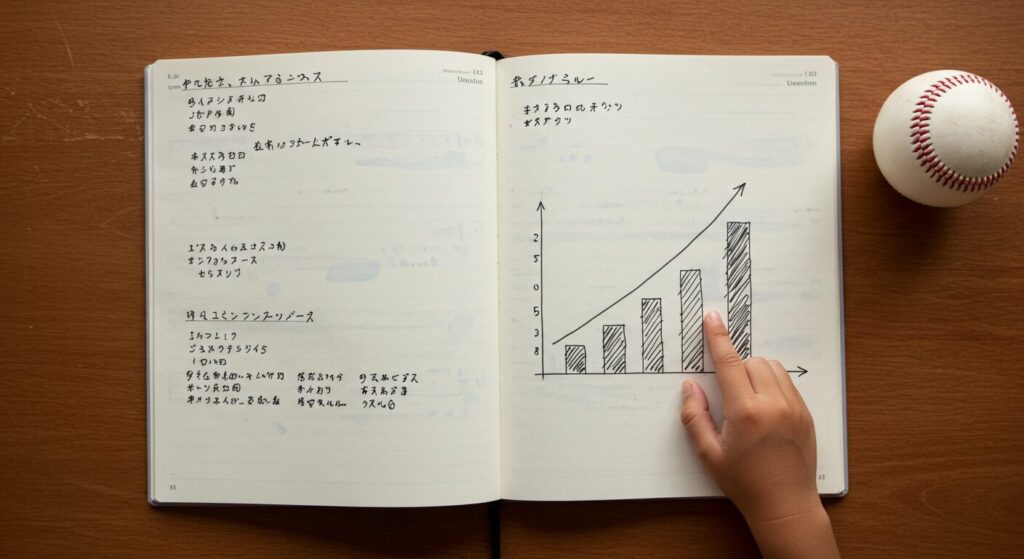 球速の成長が手書きの折れ線グラフで可視化された、新しいデータ活用型の野球ノート
