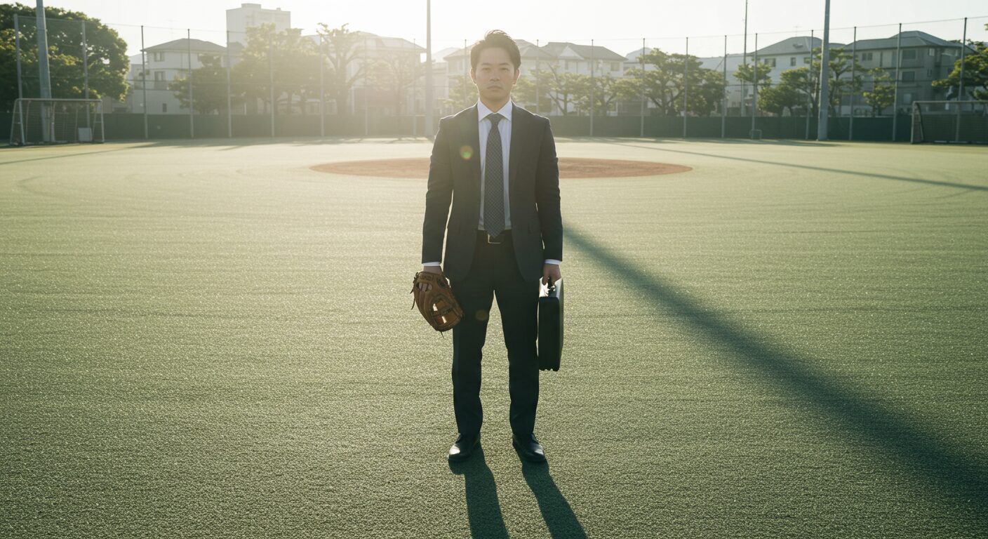 戦力外通告を乗り越え、ビジネススーツ姿で新しい人生のグラウンドに立つ元プロ野球選手の日本人男性。