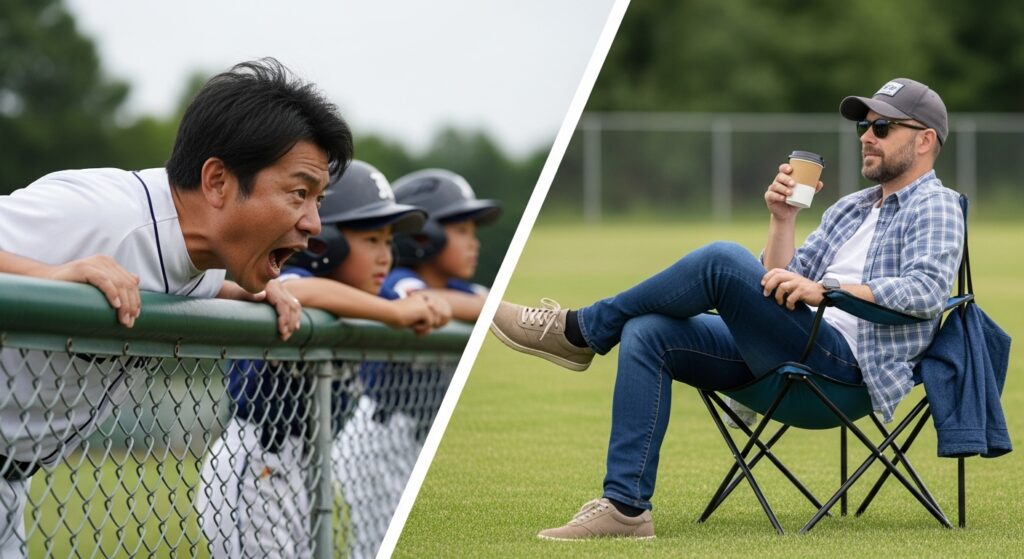 少年野球における日米の保護者の応援スタイルの違いを示す画像。左側では日本の父親がフェンスに乗り出して熱心に応援し、右側ではアメリカの親が椅子に座ってリラックスして観戦している。