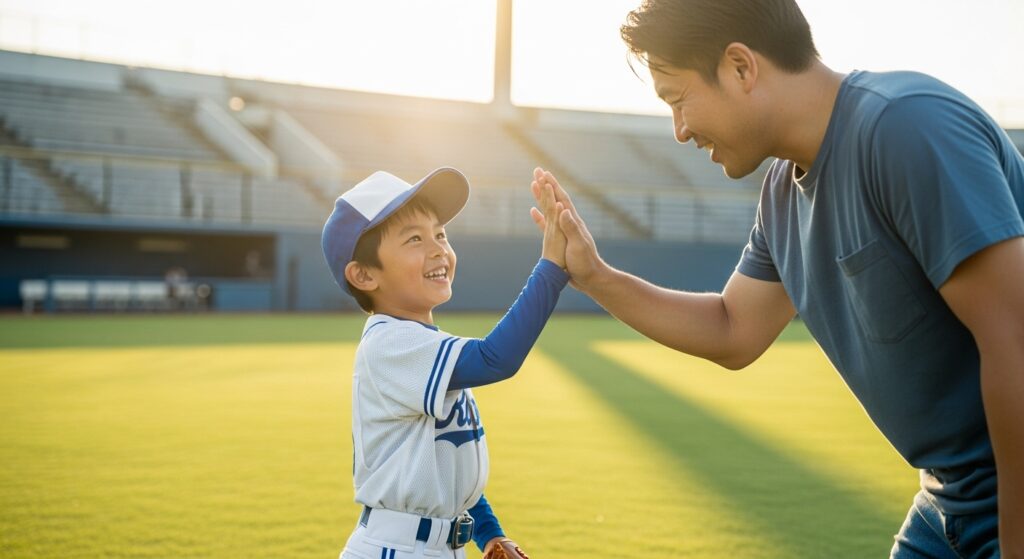 野球の練習後、笑顔でハイタッチする親子