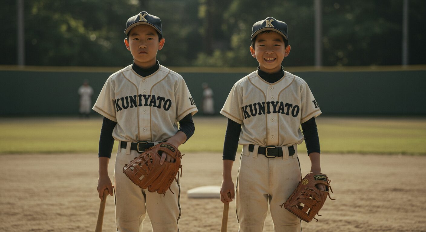 少年野球時代の田中将大投手と坂本勇人選手をイメージした二人の少年が、グローブを持って立つノスタルジックな風景。最高のライバル関係を表現。