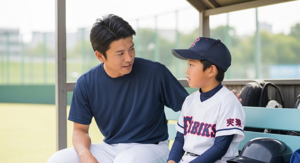 試合後、ベンチで優しく語りかける父親と、真剣に耳を傾ける野球少年の息子。親子の強い絆とコミュニケーションを象徴する一枚。
