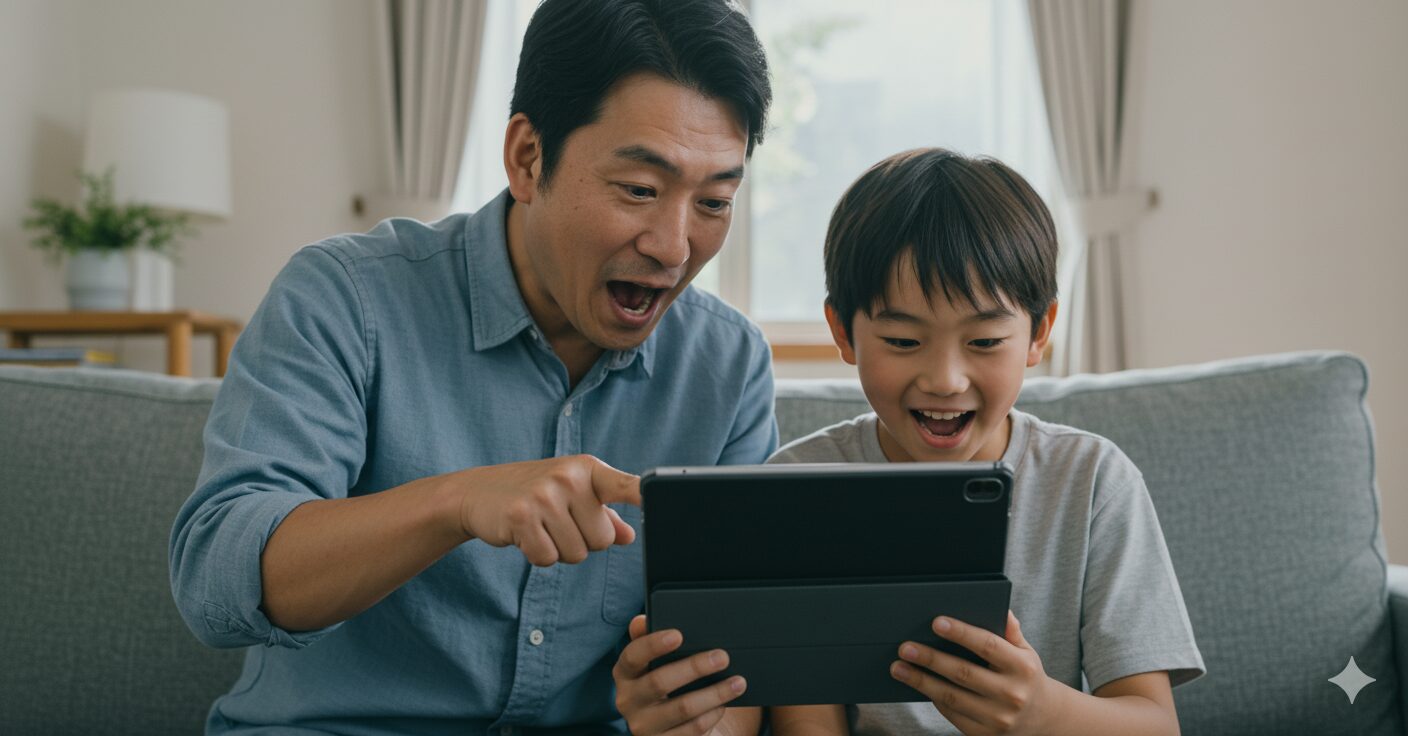 新しい野球アプリ「NPB+」のデータをタブレットで一緒に見ながら、未来について語り合う少年野球の親子