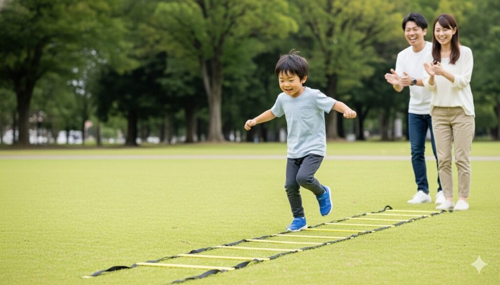 公園でラダートレーニングを使い、父親と息子が楽しみながら少年野球に必要な瞬発力を鍛えている