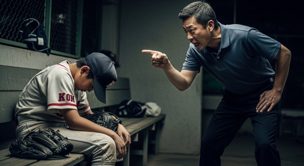 試合後に父親から厳しく叱責され落ち込む少年野球の選手。過度な干渉のイメージ。