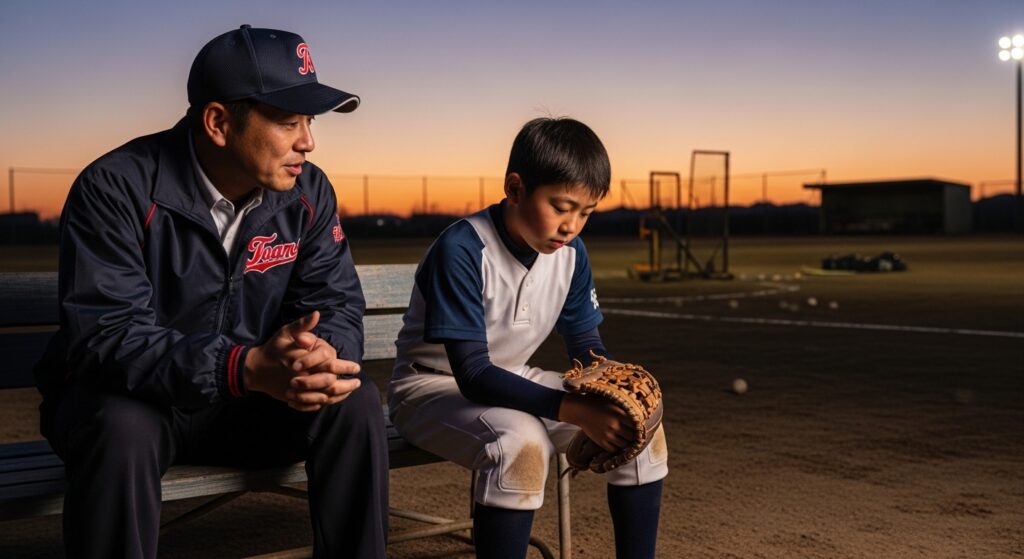 練習後、個性的な選手と一対一で対話する少年野球の指導者