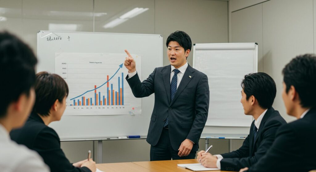 ビジネスの場でプレゼンテーションを行い、成功を収めている元プロ野球選手の日本人会社員。