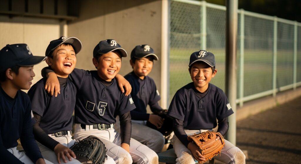 少年野球の試合中、ベンチでチームメイトと笑顔で談笑する子供たち