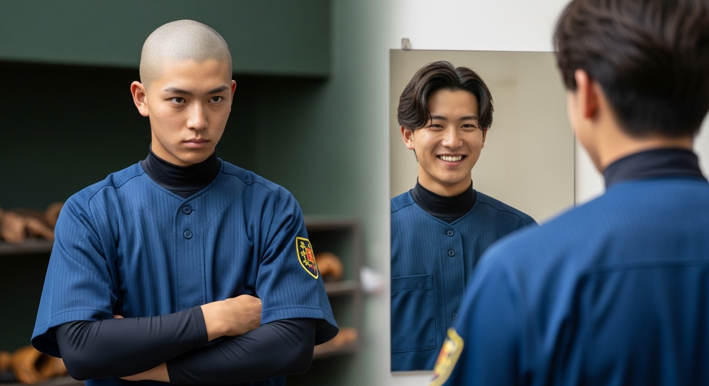 丸刈りの高校球児が鏡に映る長髪の自分を見つめ、野球における伝統と多様性の選択を象徴している画像。