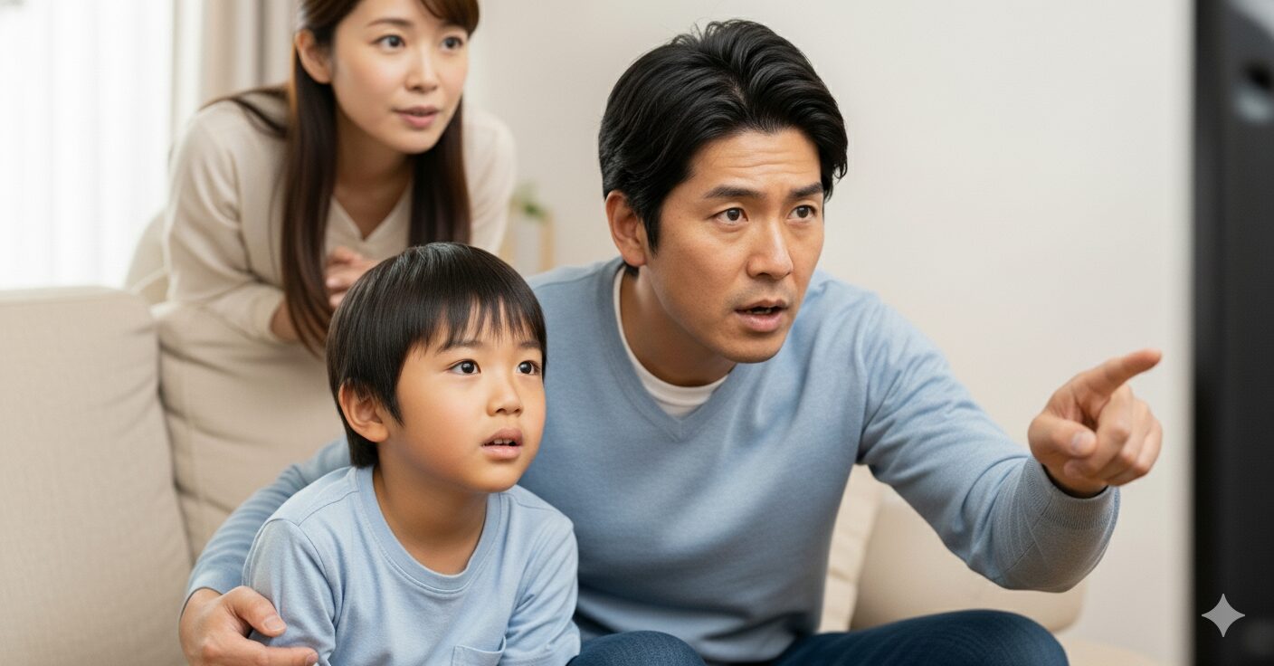 自宅のソファでテレビの高校野球中継を見ながら、息子に何かを教える父親