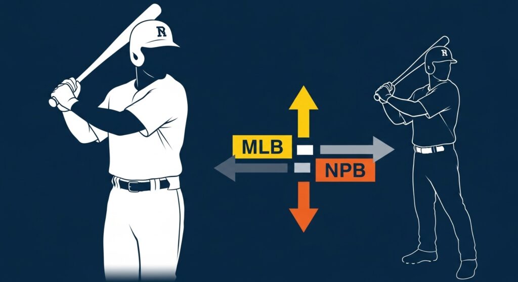 プロ野球オフシーズンの注目テーマを予測するインフォグラフィック。「海外修行」「侍ジャパンの戦略」「選手の去就」をアイコンで表現。