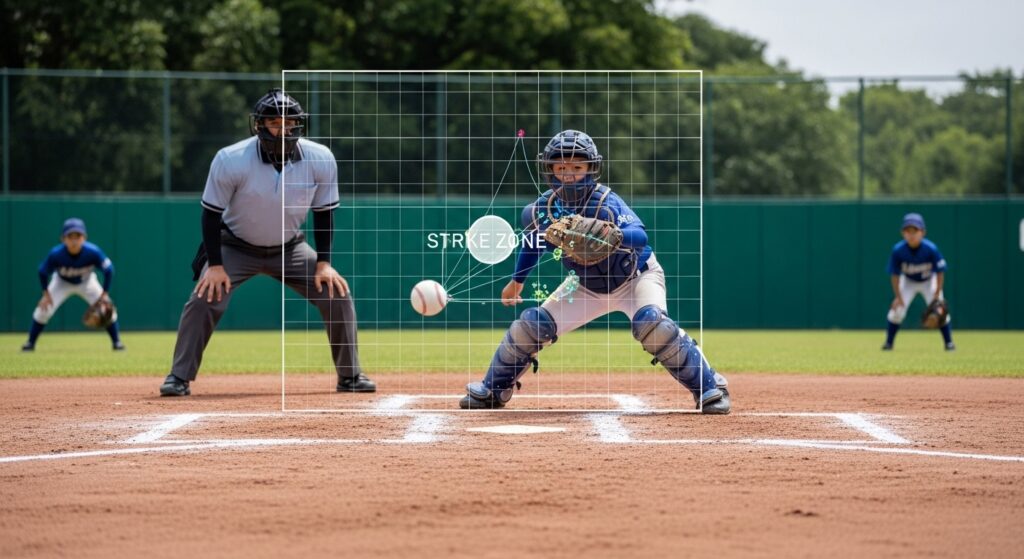 少年野球の試合で、ホームベース上に表示されたデジタルストライクゾーンのCGグラフィックをボールが通過している様子。